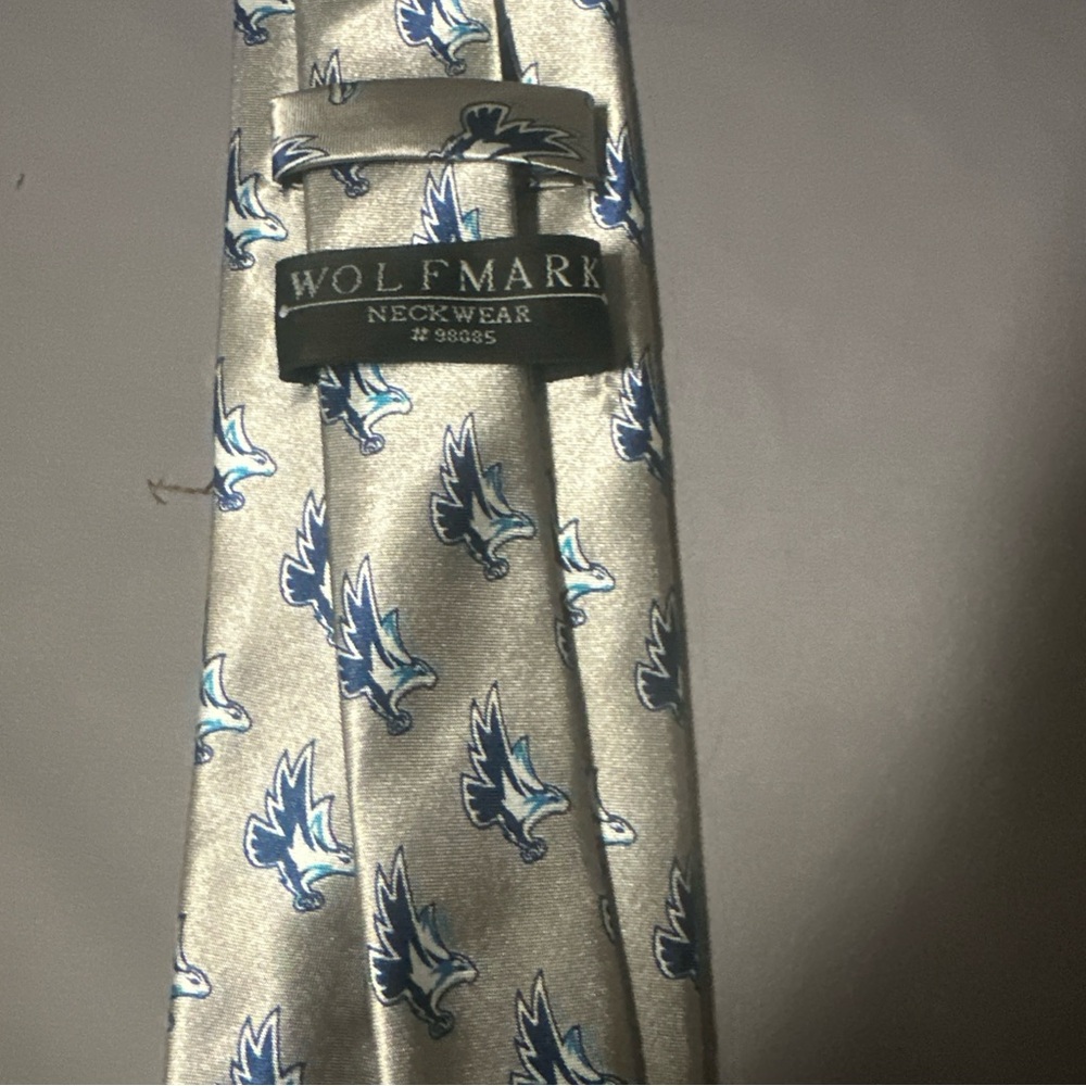 New Wolfmark Neckwear Silk Tie 58" Gray With Blue Print 4" Wide 98085